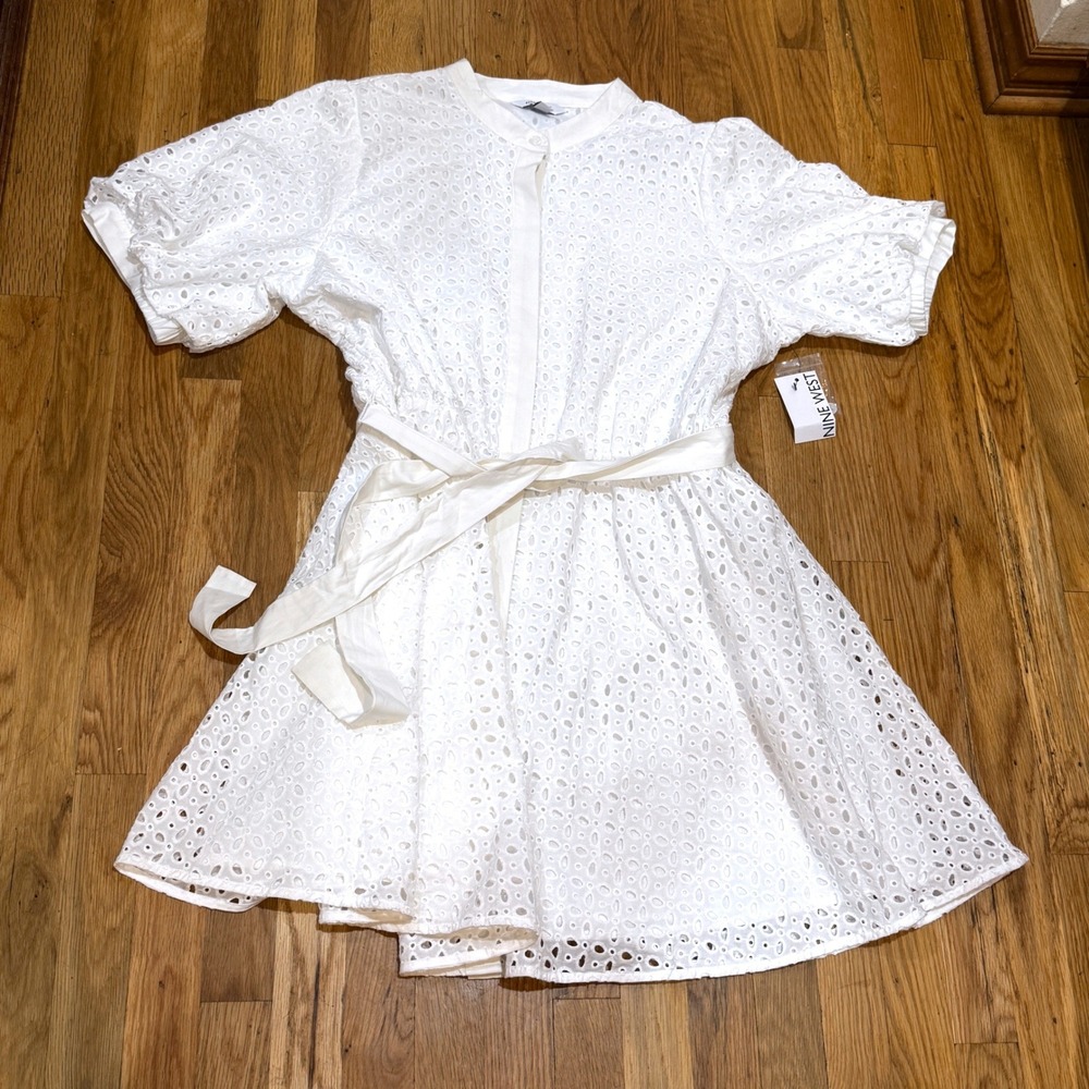 Nine West White Cotton Eyelet Puff Sleeve Belted Shirt Dress XXL NEW